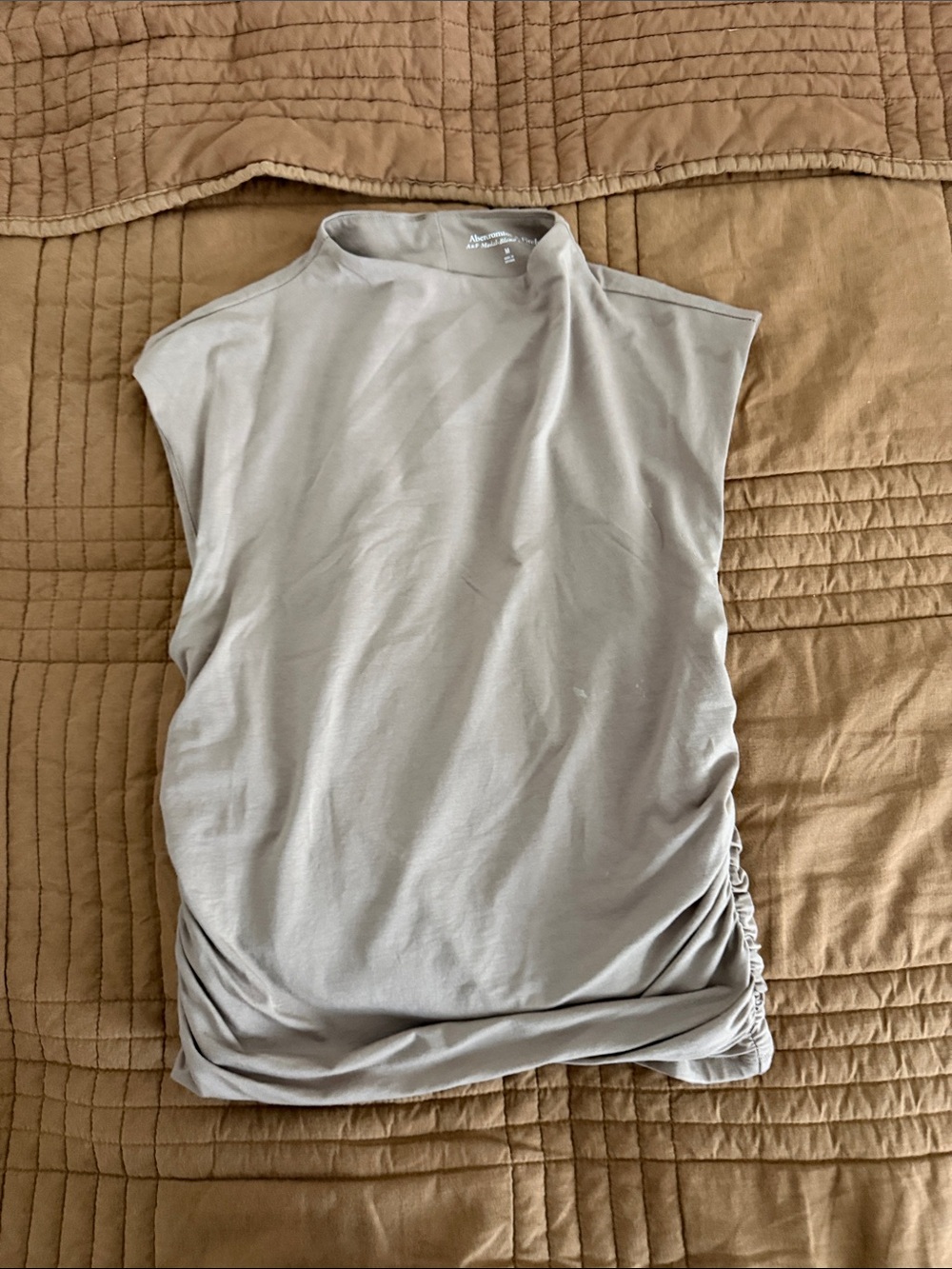 Women’s Sleeveless Mock Neck Ruched Side Top - Light Taupe - Size M